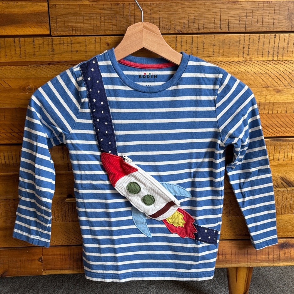 Mini Boden Blue & White Striped Rocket Appliqué Tee
